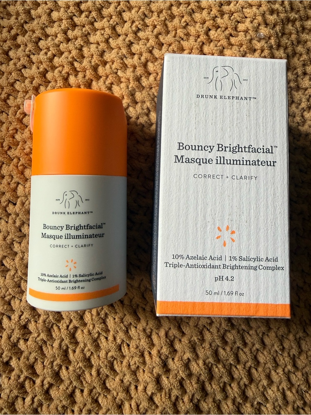 Drunk Elephant Bouncy Brightfacial Masque — Orange & White Packaging